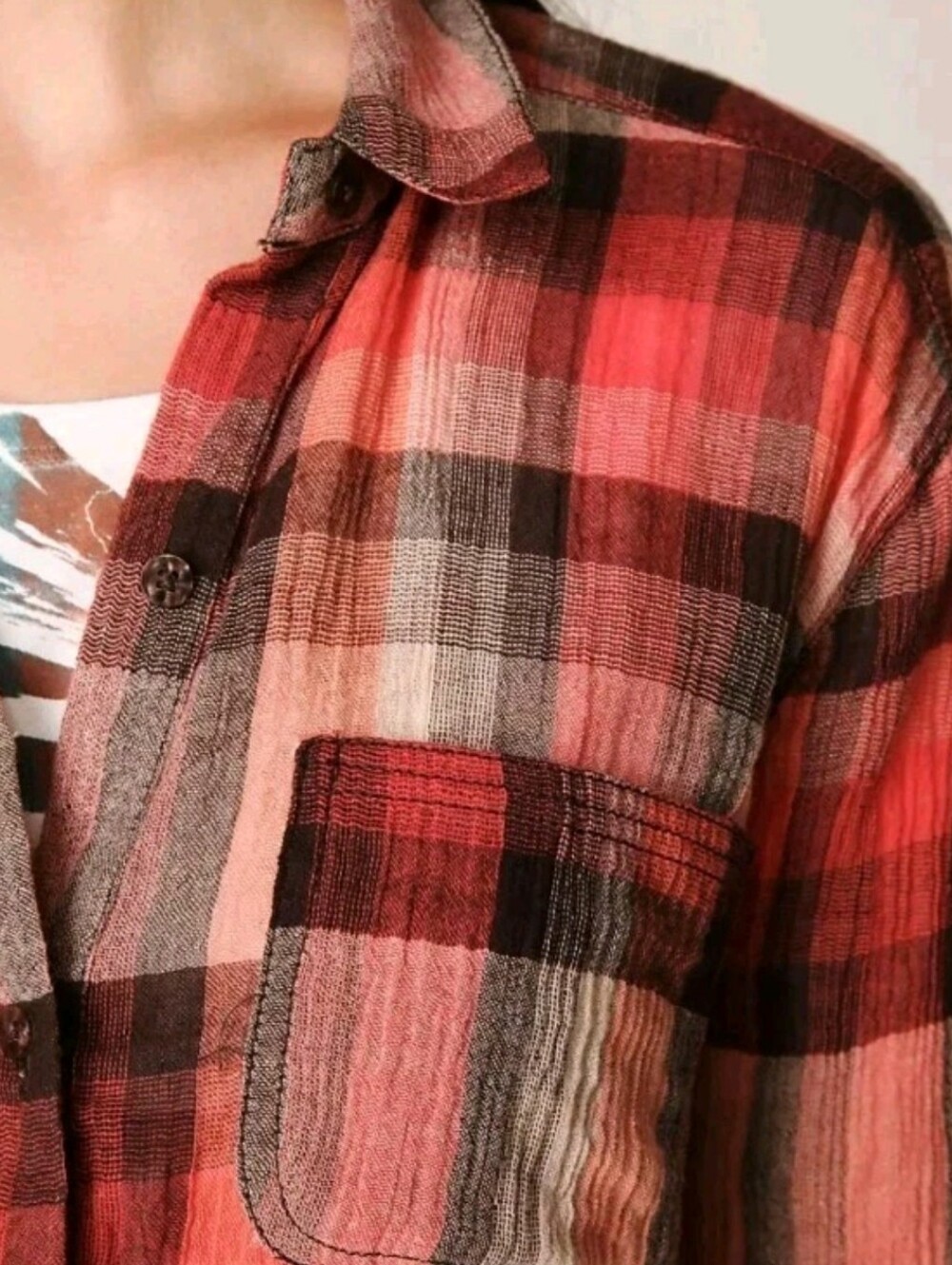 Free People Crochet Back Button Shirt Sz Med Red Plaid Crinkle Gauzy Mixed Media - Picture 4 of 13